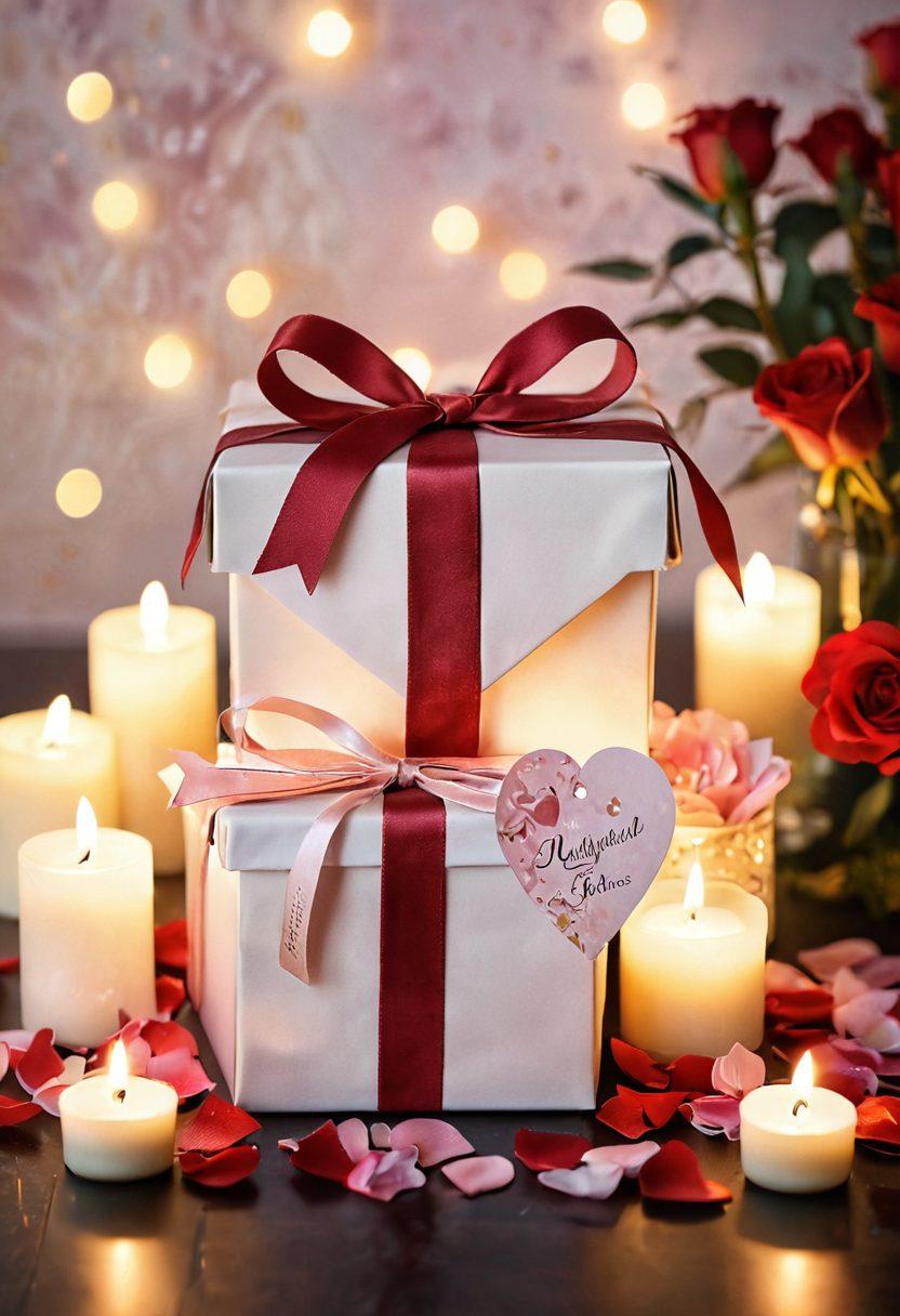 A charming scene featuring a beautifully wrapped gift box adorned with a heart-shaped tag, nestled among a scattering of rose petals and soft candlelight. In the background, a dreamy, romantic setting with twinkling lights and silhouettes of a couple embracing. The color palette includes warm reds, soft pinks, and gentle golds to evoke love and intimacy. super-realistic. vibrant colors. romantic atmosphere.