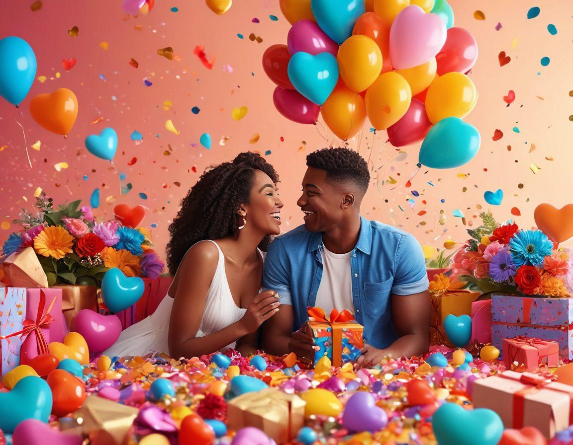 A whimsical scene featuring diverse couples celebrating their relationships with surprise gifts, like flowers, balloons, and confetti, set against a vibrant backdrop of colorful hearts and gift boxes. Include a joyful atmosphere with expressive faces and playful decorations, representing love in various forms. super-realistic. vibrant colors. 3D.
