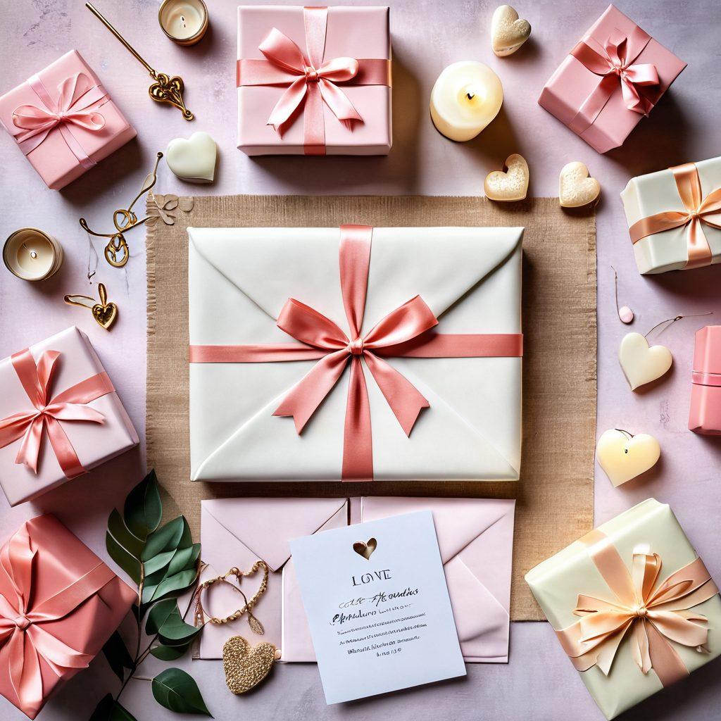 A beautifully arranged flat lay of diverse, thoughtful gifts symbolizing love stories, such as customized jewelry, heartfelt letters, and romantic candles, set on soft pastel fabrics. Include a hint of handwritten love notes and heart-shaped decorations intertwined among the gifts. The warm ambiance evokes romance and personal connection, appealing to anyone seeking the ideal gift for their partner. soft lighting. vibrant colors. 3D.